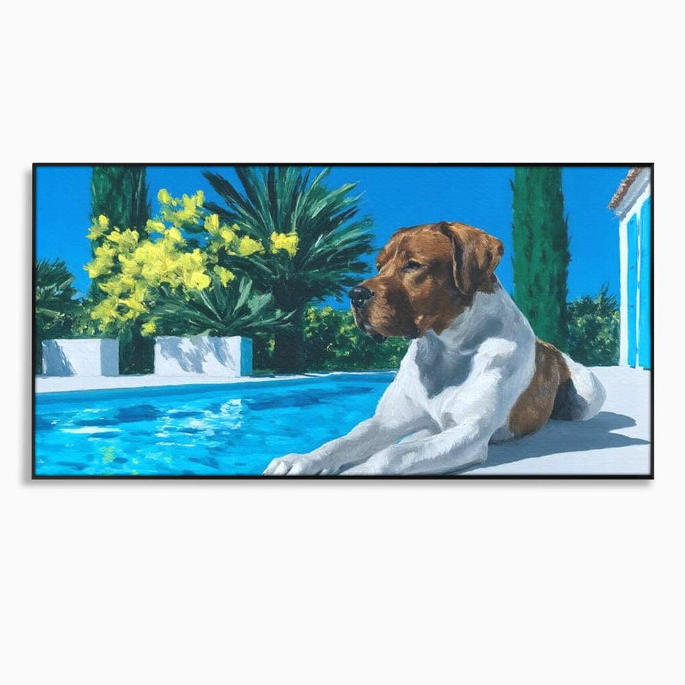 Tablou canvas cu tablou canvas cu caine la piscina, in rama de aluminiu negru