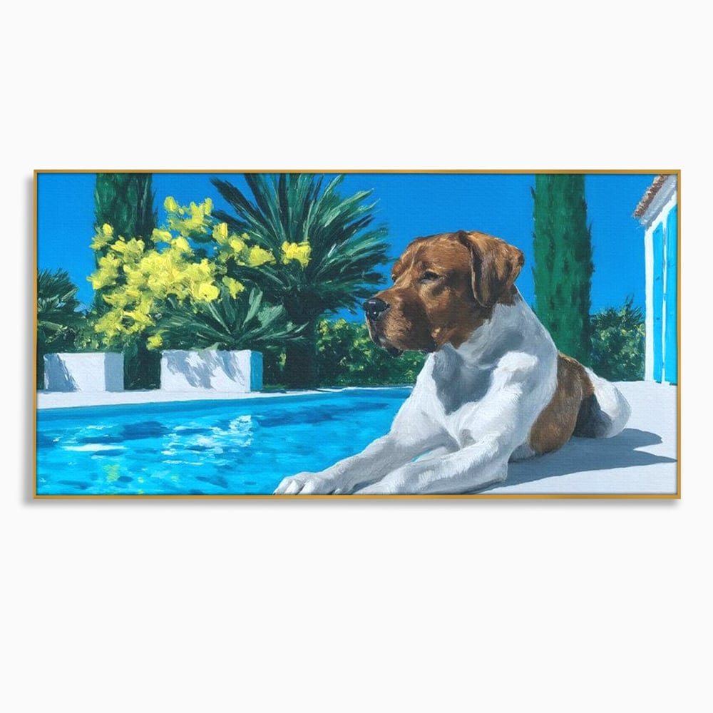 Tablou canvas cu tablou canvas cu caine la piscina, in rama de aluminiu auriu