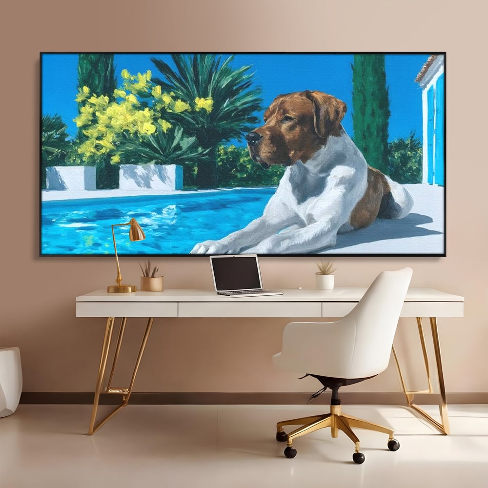 Tablou canvas cu tablou canvas cu caine la piscina, in rama de aluminiu negru, pe perete intr-un birou