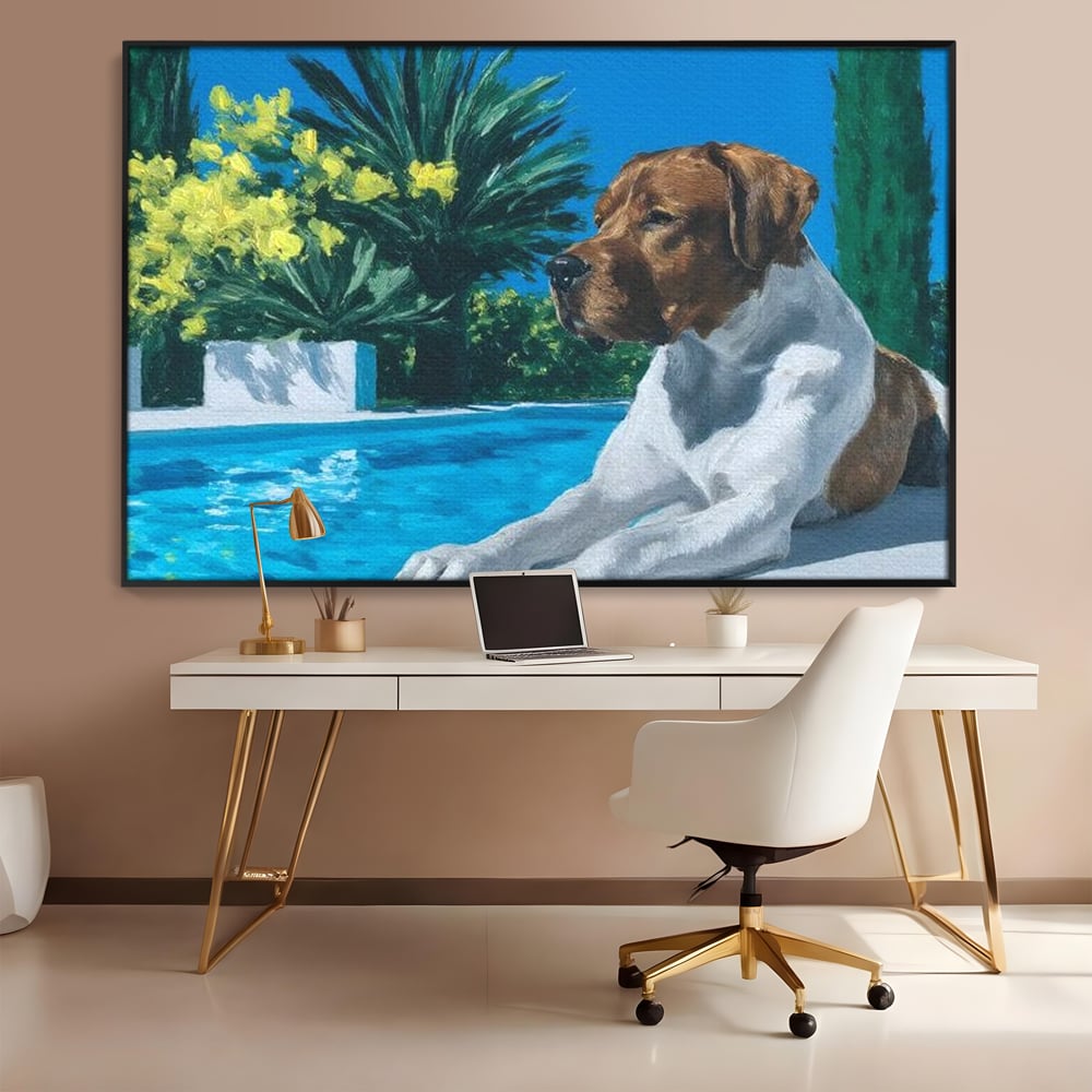 Tablou canvas cu tablou canvas cu caine la piscina, in rama de aluminiu negru, pe perete intr-un birou