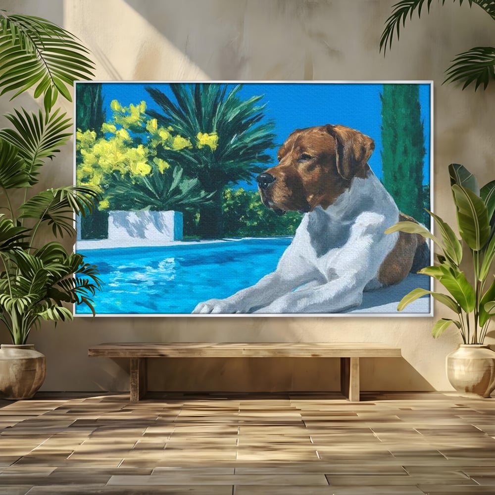 Tablou canvas cu tablou canvas cu caine la piscina, in rama de aluminiu argintiu