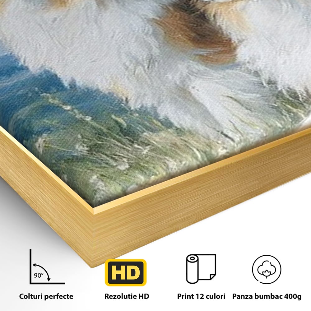 Detaliu al suprafetei: tablou canvas cu doi caini ciobanesti pe un deal, in rama de aluminiu auriu