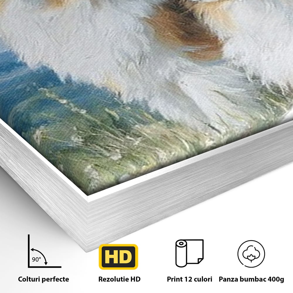 Detaliu al suprafetei: tablou canvas cu doi caini ciobanesti pe un deal, in rama de aluminiu argintiu