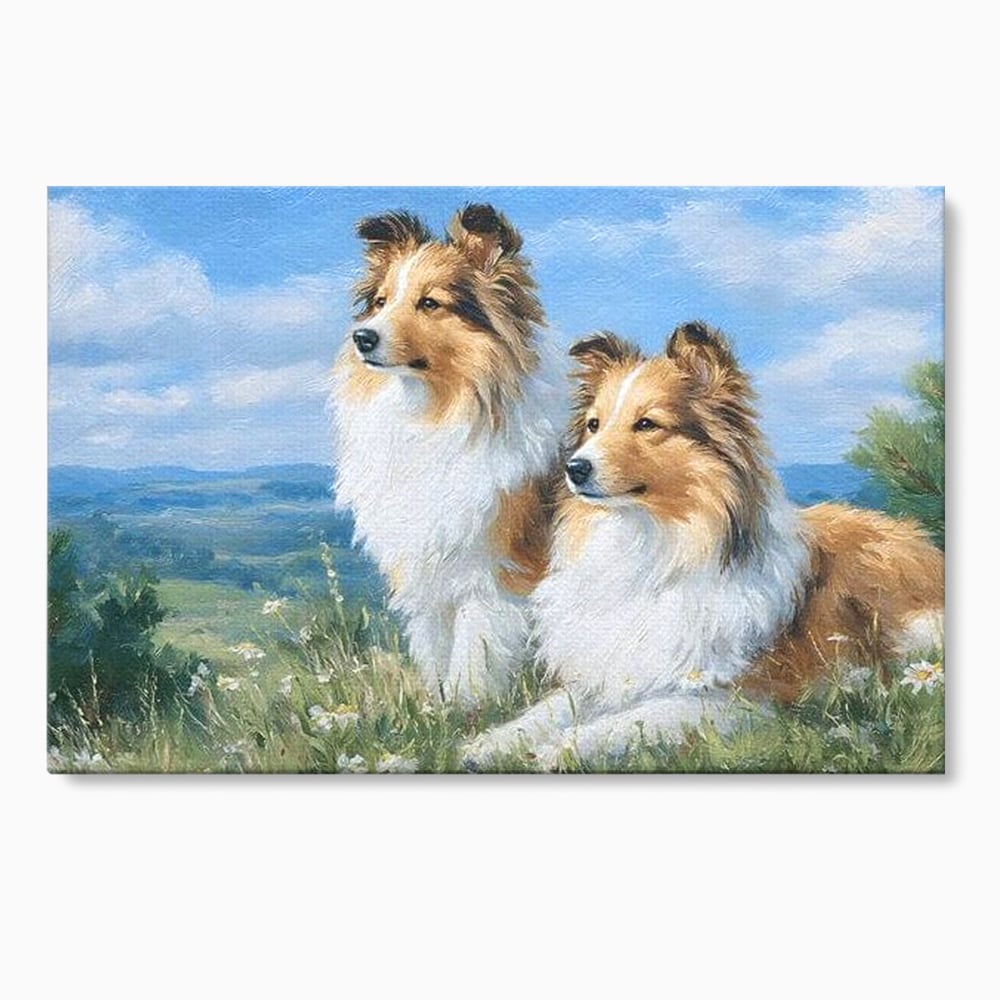 Tablou canvas cu tablou canvas cu doi caini ciobanesti pe un deal, fara rama, pe sasiu de lemn