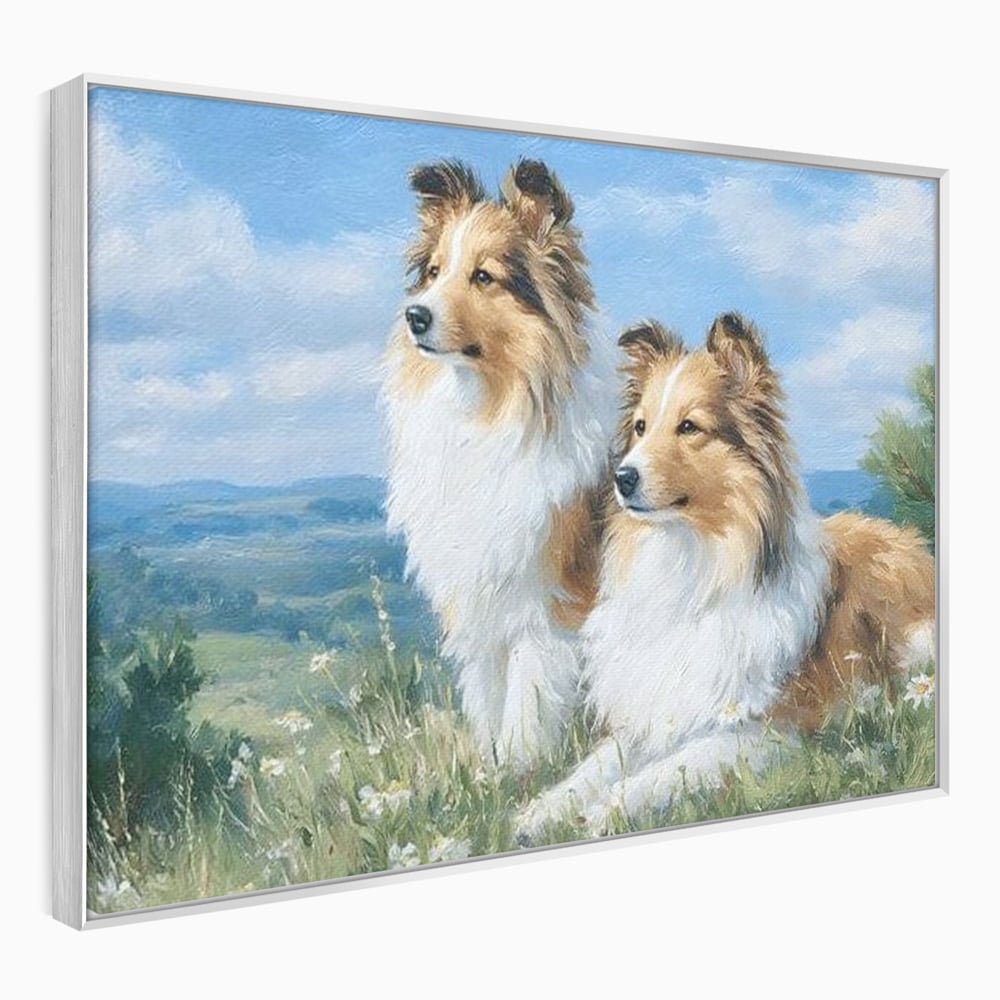 Tablou canvas cu tablou canvas cu doi caini ciobanesti pe un deal, in rama de aluminiu argintiu