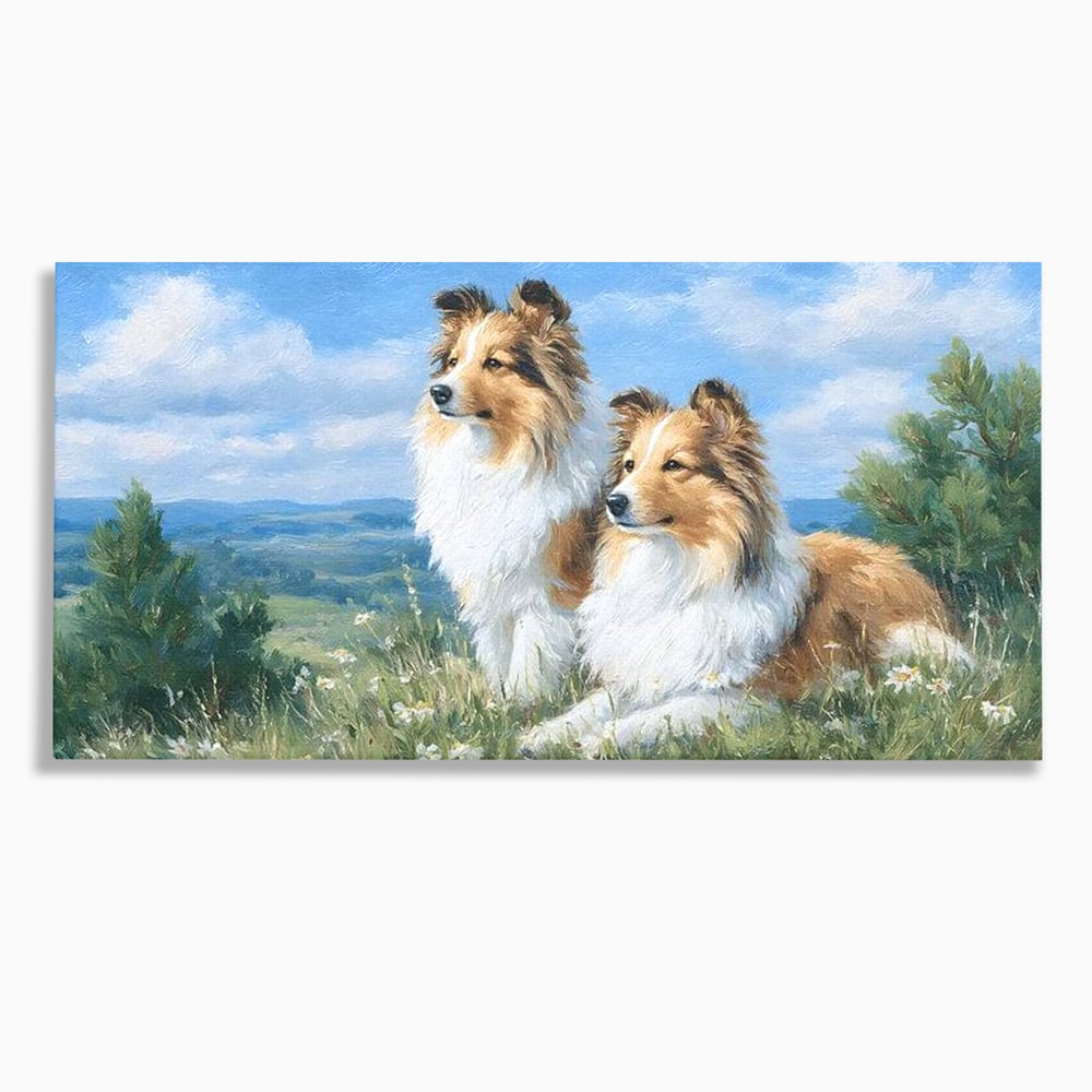 Tablou canvas cu tablou canvas cu doi caini ciobanesti pe un deal, fara rama, pe sasiu de lemn