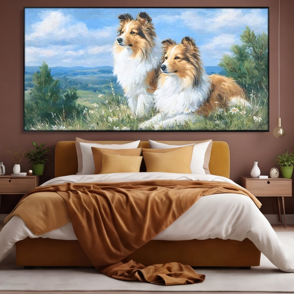 Tablou canvas cu tablou canvas cu doi caini ciobanesti pe un deal, in rama de aluminiu negru, pe perete intr-un dormitor