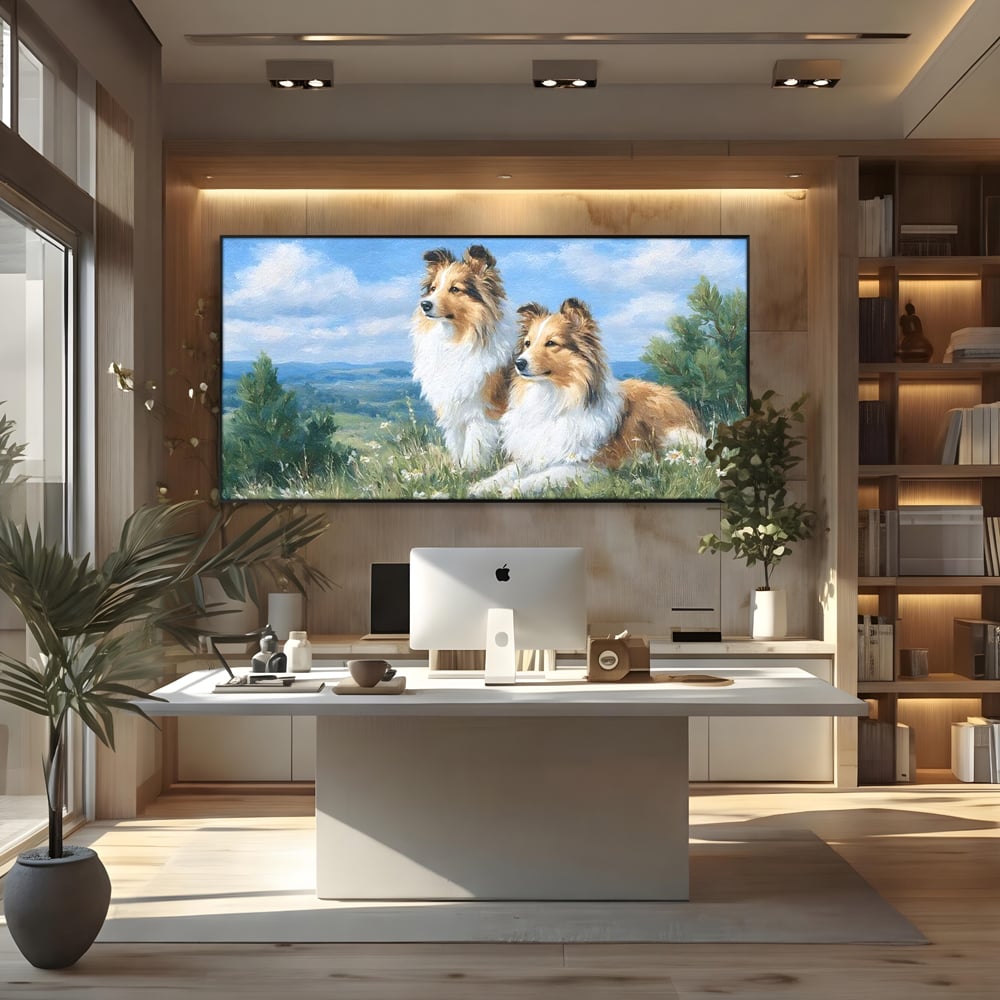 Tablou canvas cu tablou canvas cu doi caini ciobanesti pe un deal, in rama de aluminiu negru, pe perete intr-un birou