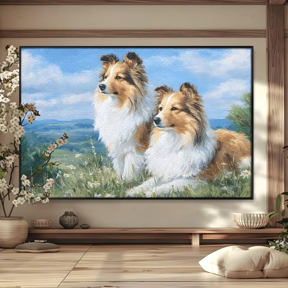 Tablou canvas cu tablou canvas cu doi caini ciobanesti pe un deal, in rama de aluminiu negru