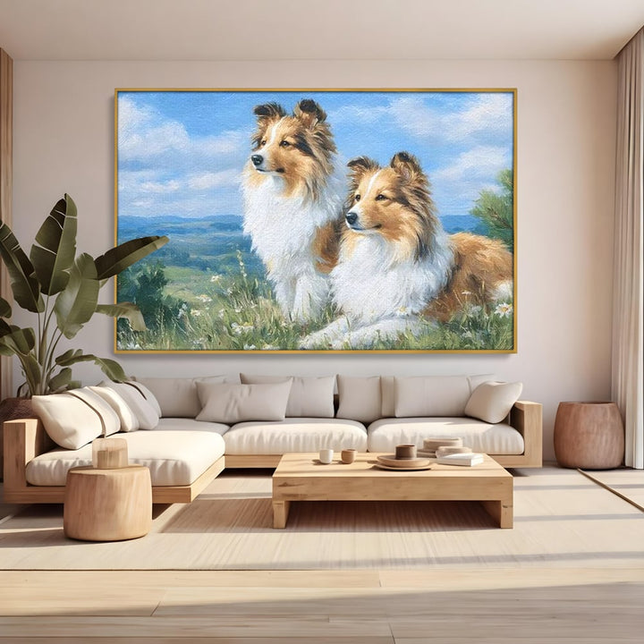 Tablou canvas cu tablou canvas cu doi caini ciobanesti pe un deal, in rama de aluminiu auriu, pe perete intr-un living