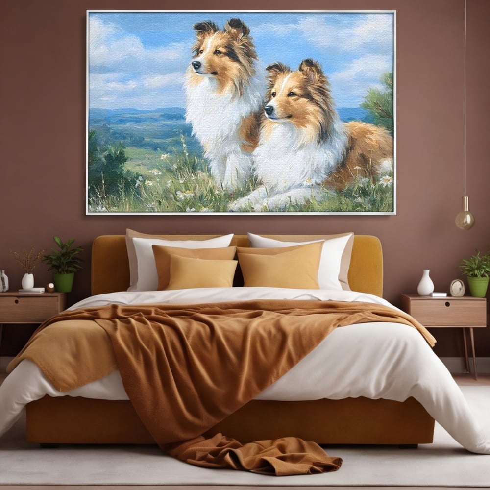 Tablou canvas cu tablou canvas cu doi caini ciobanesti pe un deal, in rama de aluminiu argintiu, pe perete intr-un dormitor