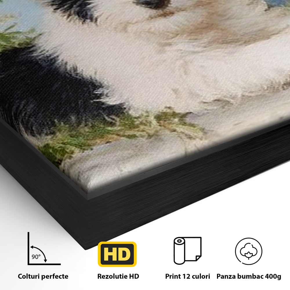 Detaliu al suprafetei: tablou canvas cu pui de caine, in rama de aluminiu negru
