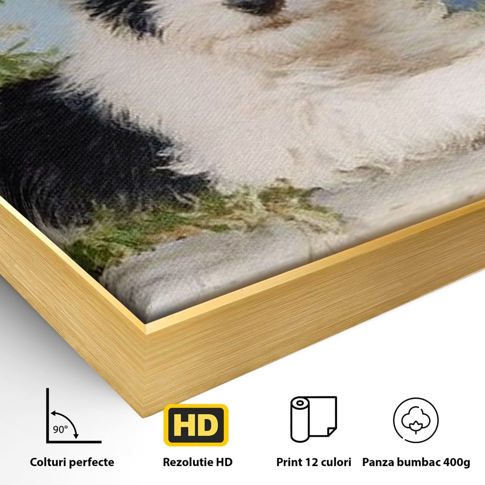 Detaliu al suprafetei: tablou canvas cu pui de caine, in rama de aluminiu auriu
