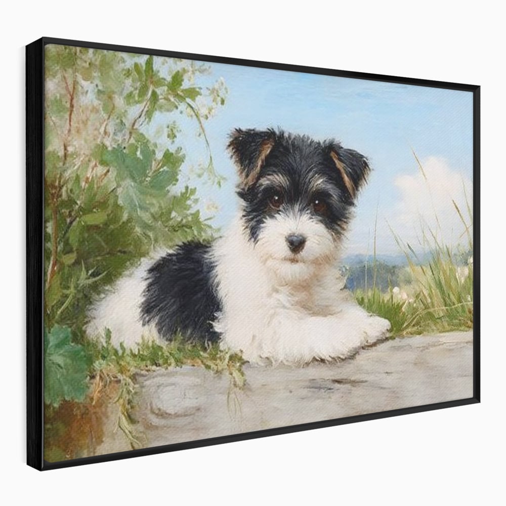 Tablou canvas cu tablou canvas cu pui de caine, in rama de aluminiu negru