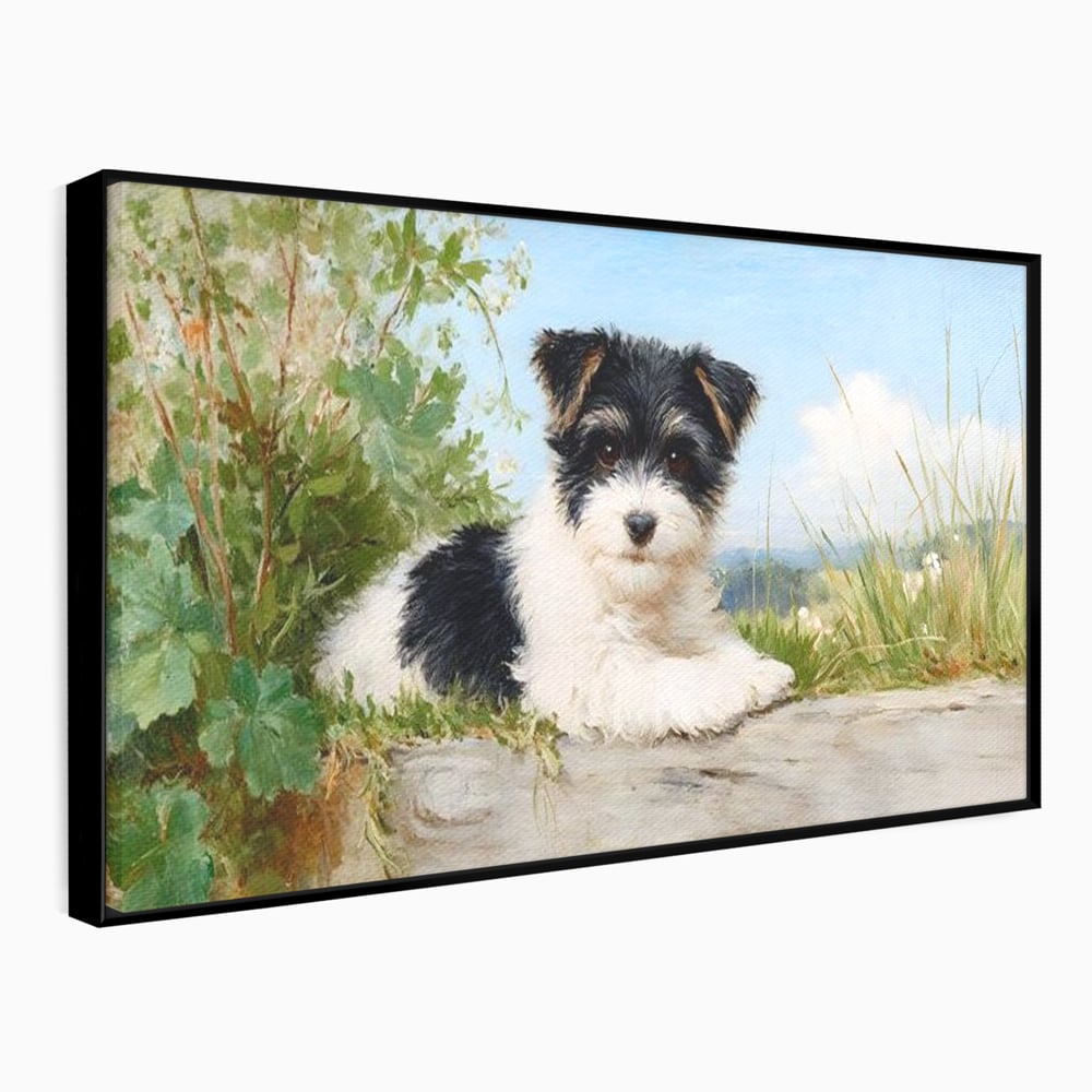 Tablou canvas cu tablou canvas cu pui de caine, in rama de aluminiu negru