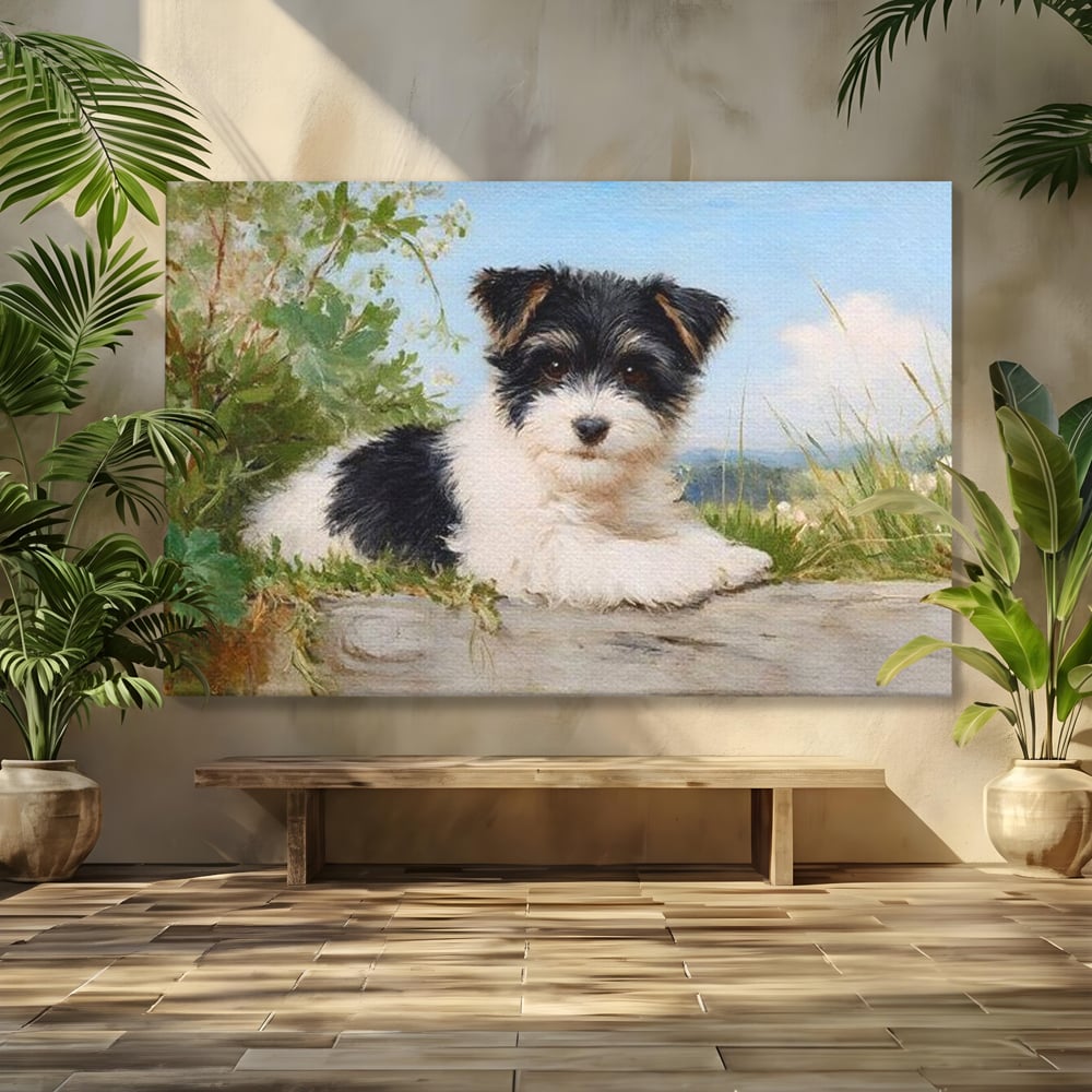 Tablou canvas cu tablou canvas cu pui de caine, fara rama, pe sasiu de lemn