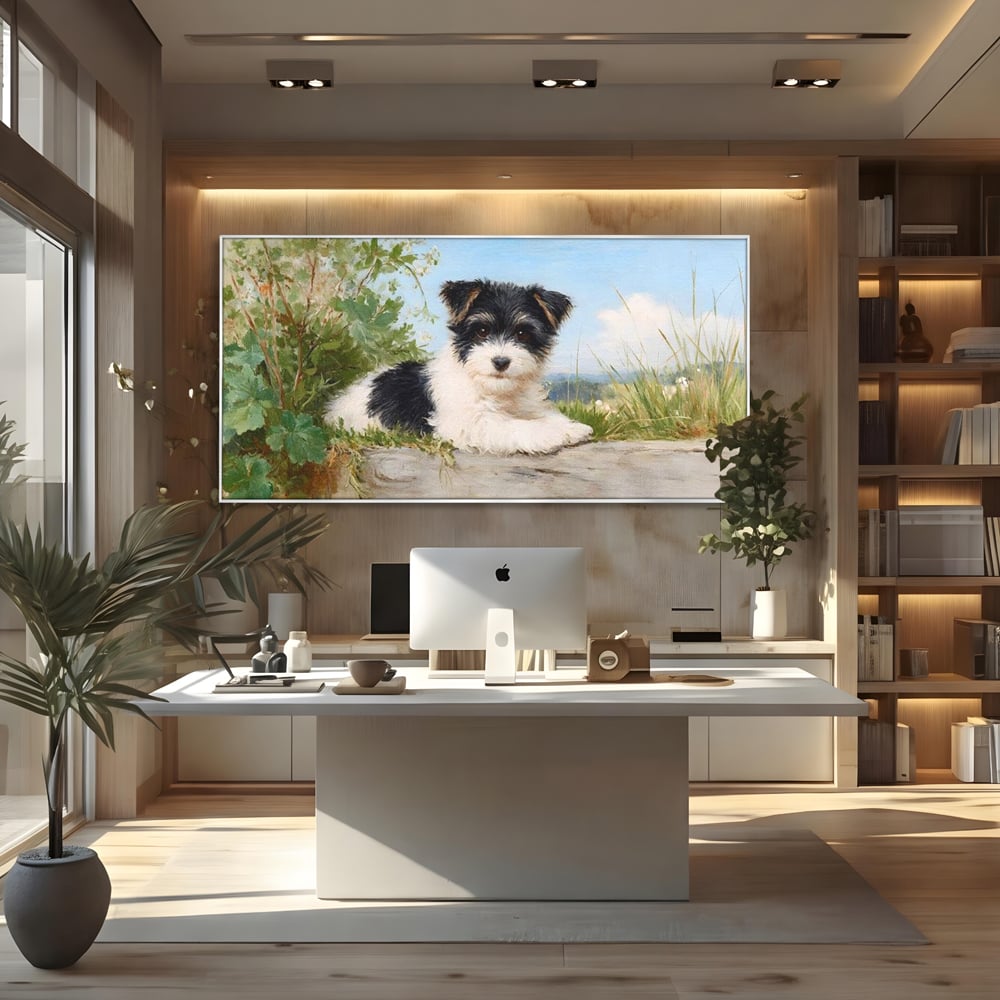 Tablou canvas cu tablou canvas cu pui de caine, in rama de aluminiu argintiu, pe perete intr-un birou