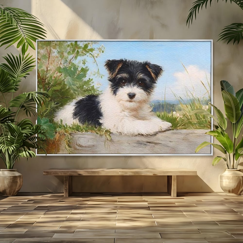 Tablou canvas cu tablou canvas cu pui de caine, in rama de aluminiu argintiu