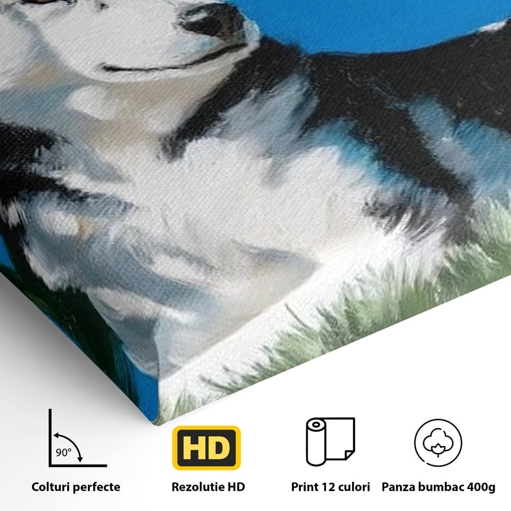 Detaliu al suprafetei: tablou canvas cu husky sub copac, fara rama, pe sasiu de lemn