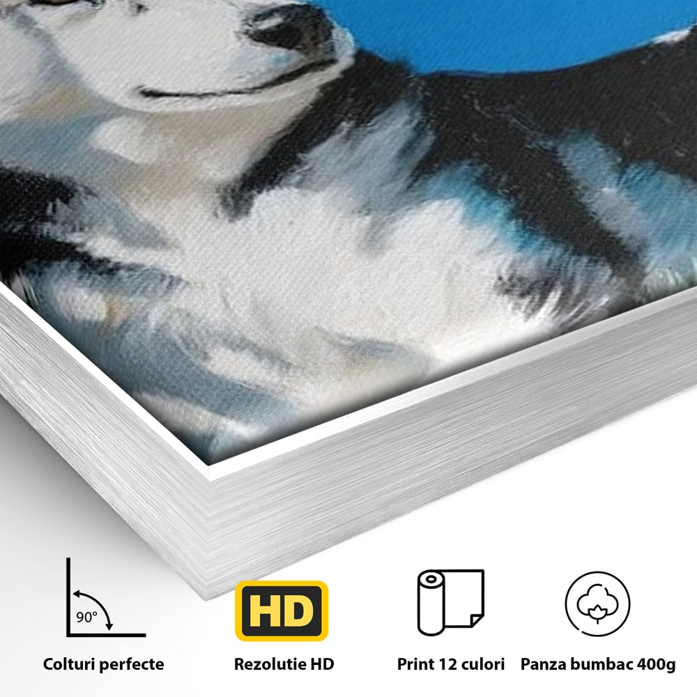 Detaliu al suprafetei: tablou canvas cu husky sub copac, in rama de aluminiu argintiu