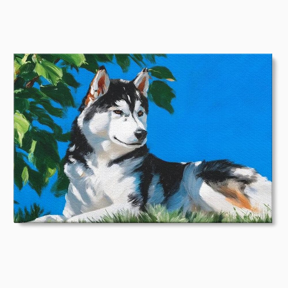 Tablou canvas cu tablou canvas cu husky sub copac, fara rama, pe sasiu de lemn