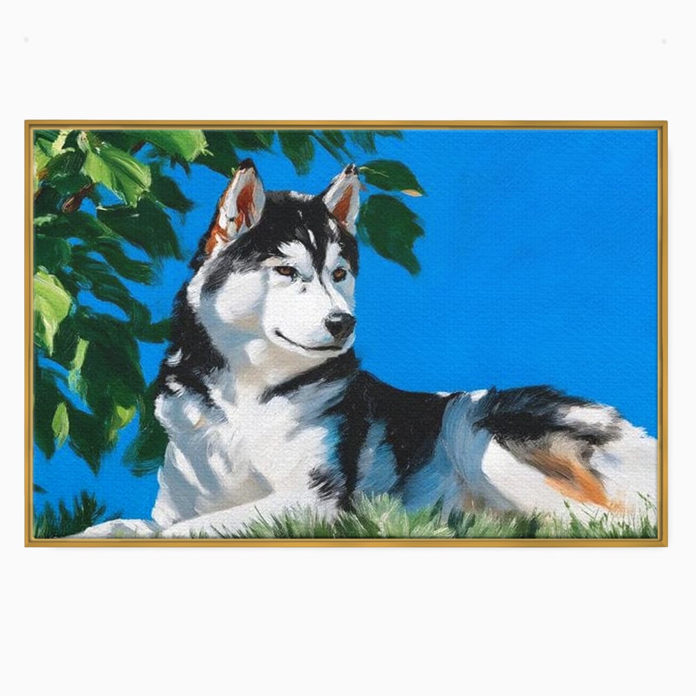 Tablou canvas cu tablou canvas cu husky sub copac, in rama de aluminiu auriu