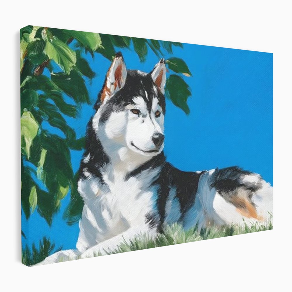 Tablou canvas cu tablou canvas cu husky sub copac, fara rama, pe sasiu de lemn