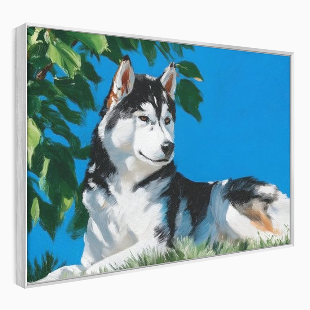 Tablou canvas cu tablou canvas cu husky sub copac, in rama de aluminiu argintiu