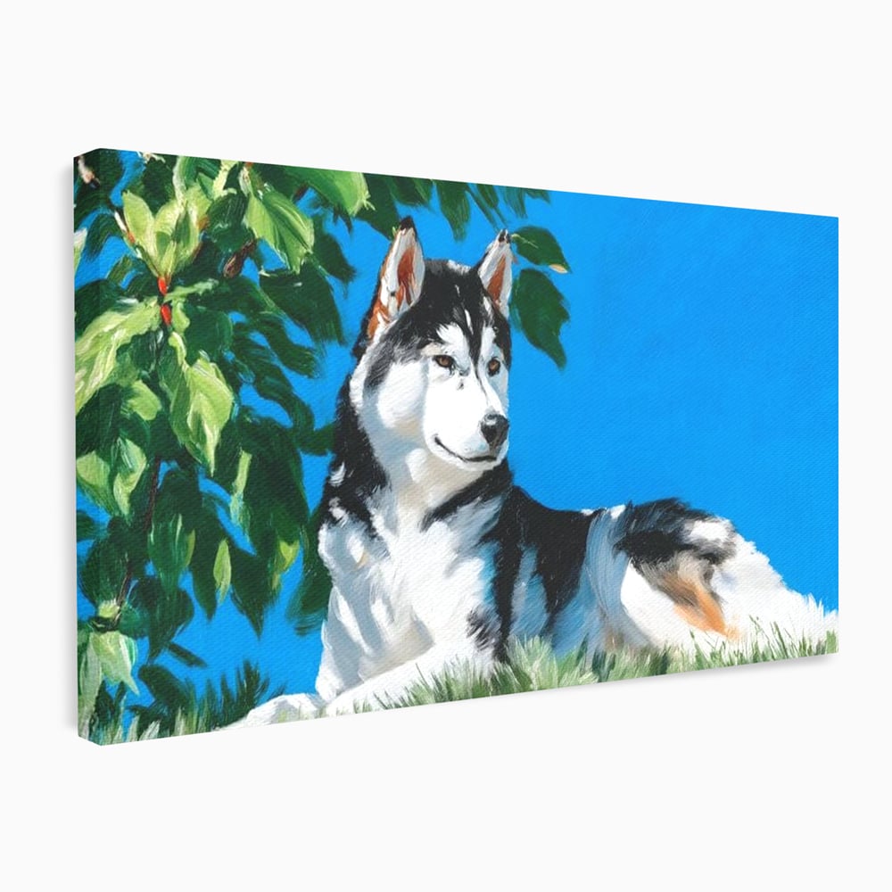 Tablou canvas cu tablou canvas cu husky sub copac, fara rama, pe sasiu de lemn