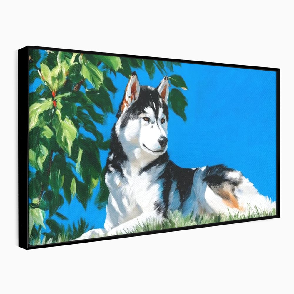 Tablou canvas cu tablou canvas cu husky sub copac, in rama de aluminiu negru