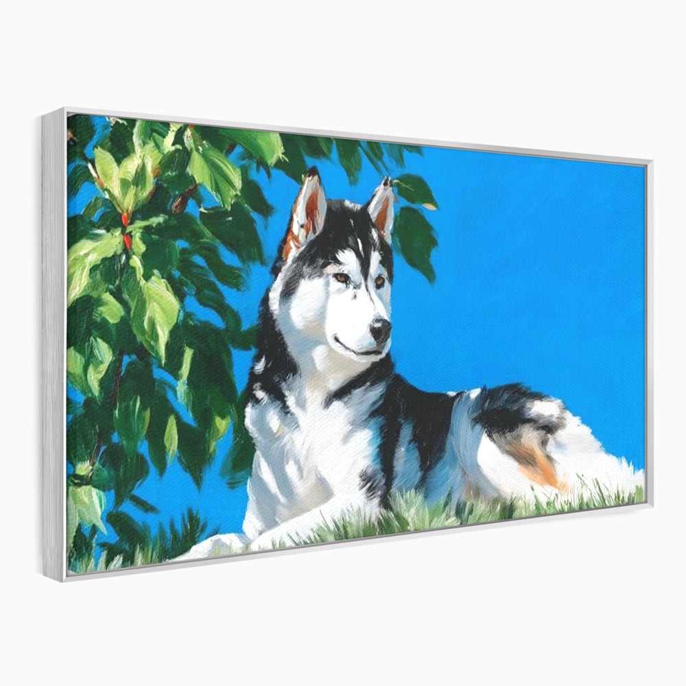 Tablou canvas cu tablou canvas cu husky sub copac, in rama de aluminiu argintiu