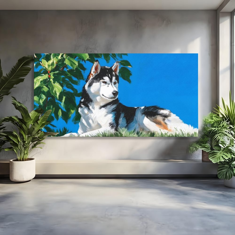 Tablou canvas cu tablou canvas cu husky sub copac, fara rama, pe sasiu de lemn