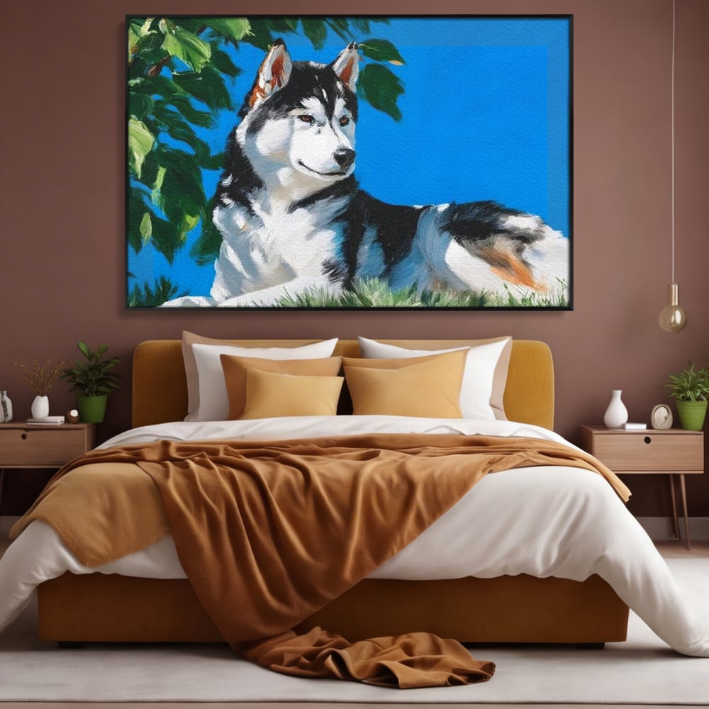 Tablou canvas cu tablou canvas cu husky sub copac, in rama de aluminiu negru, pe perete intr-un dormitor