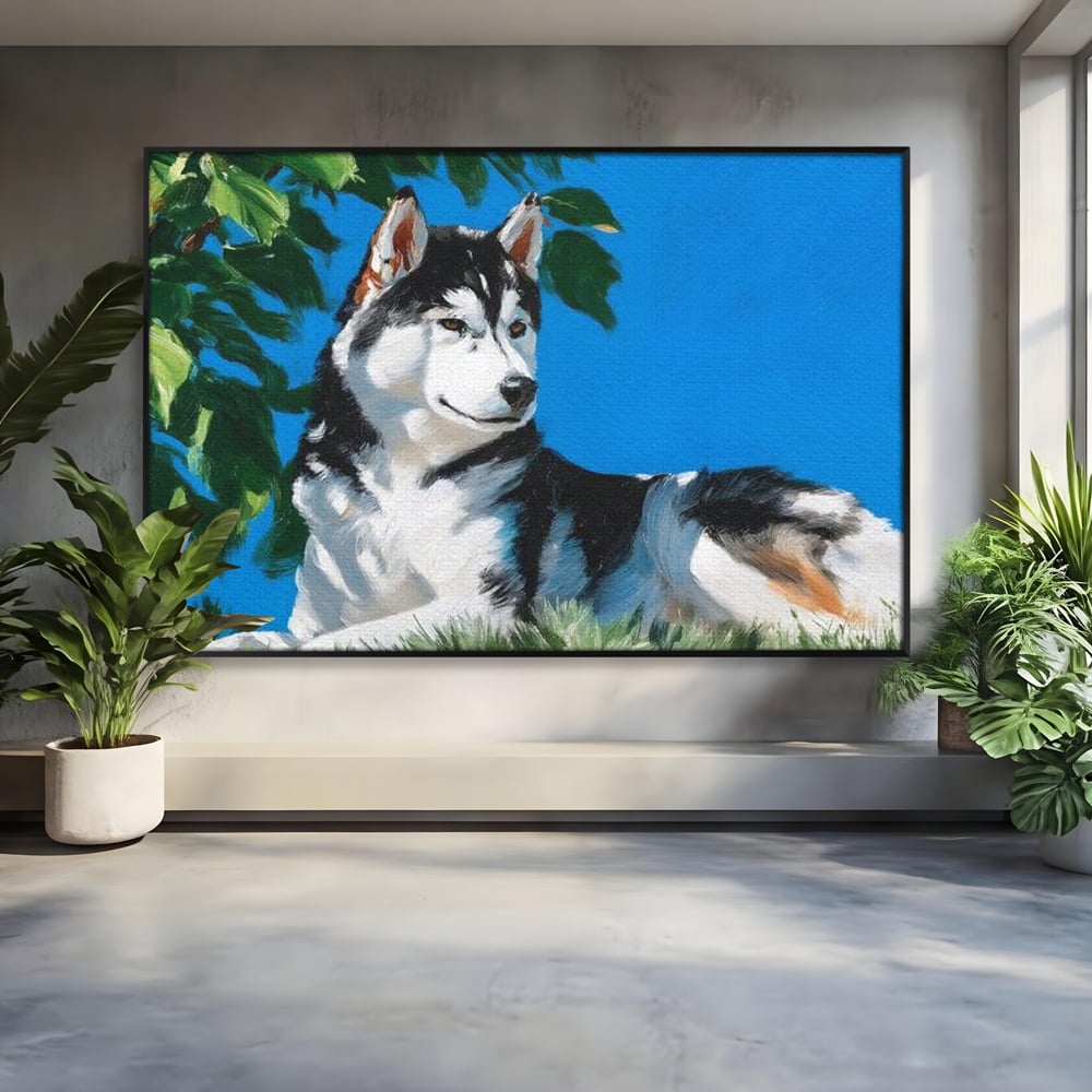 Tablou canvas cu tablou canvas cu husky sub copac, in rama de aluminiu negru