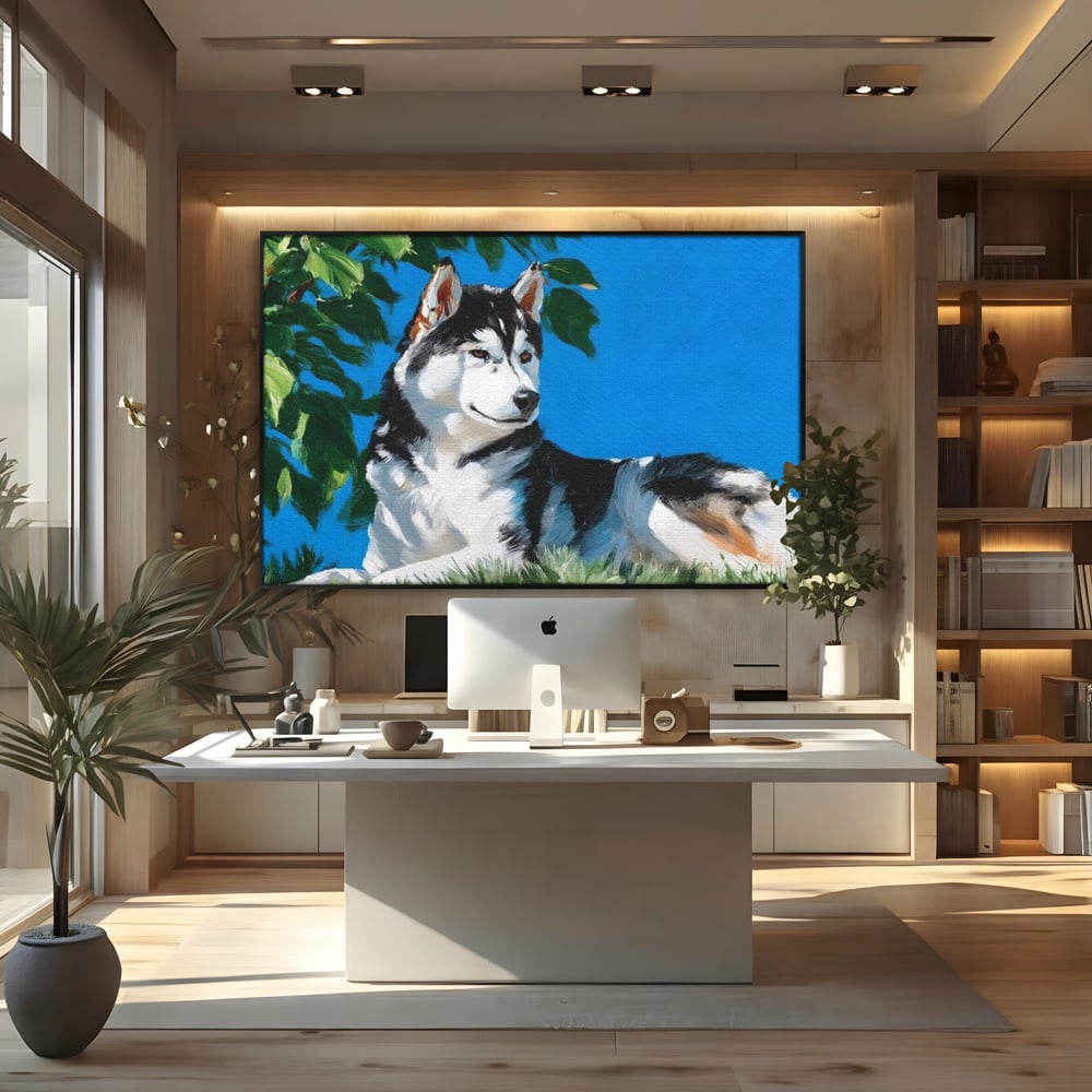 Tablou canvas cu tablou canvas cu husky sub copac, in rama de aluminiu negru, pe perete intr-un birou