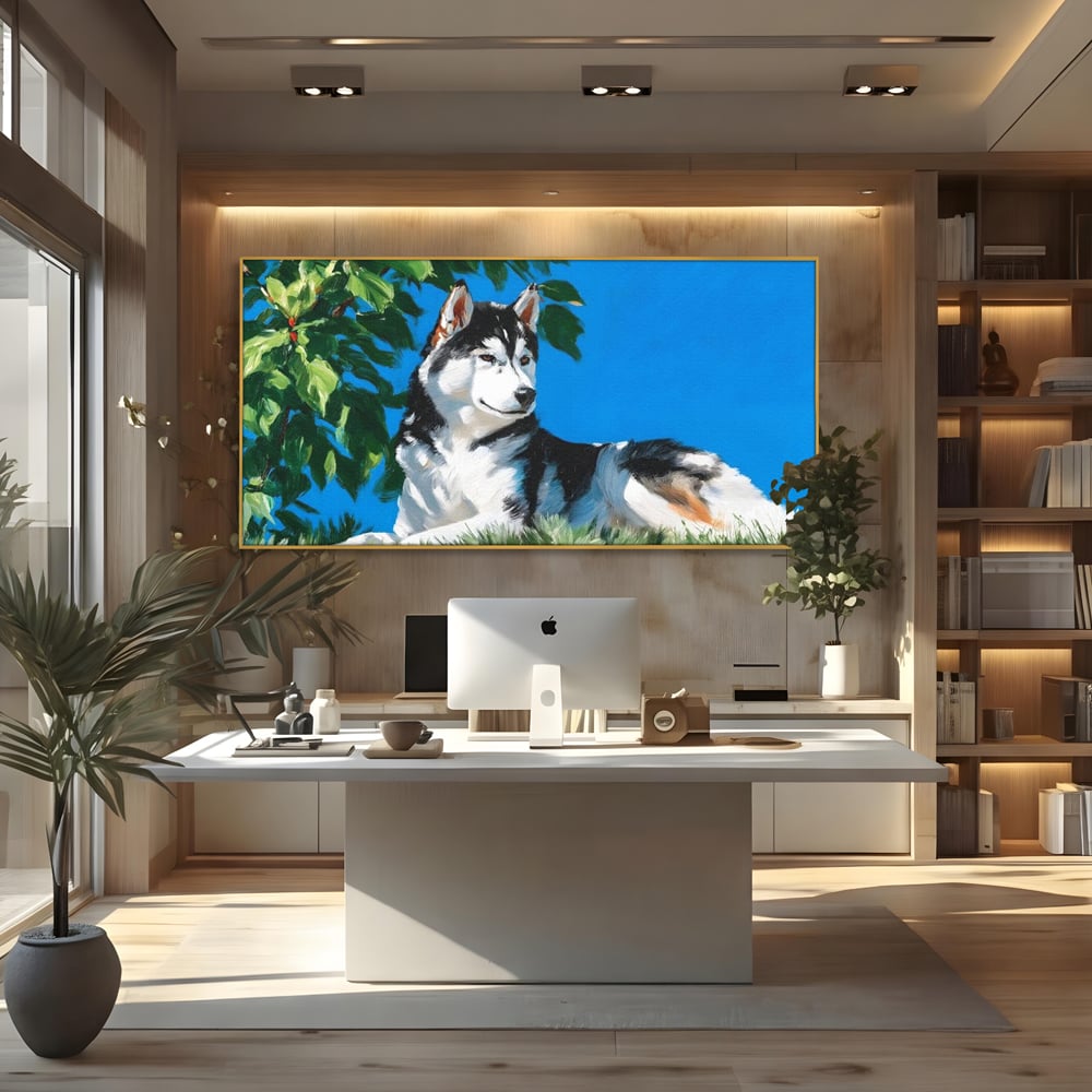 Tablou canvas cu tablou canvas cu husky sub copac, in rama de aluminiu auriu, pe perete intr-un birou