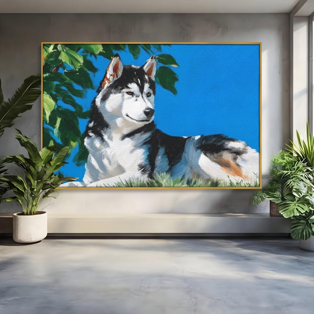 Tablou canvas cu tablou canvas cu husky sub copac, in rama de aluminiu auriu
