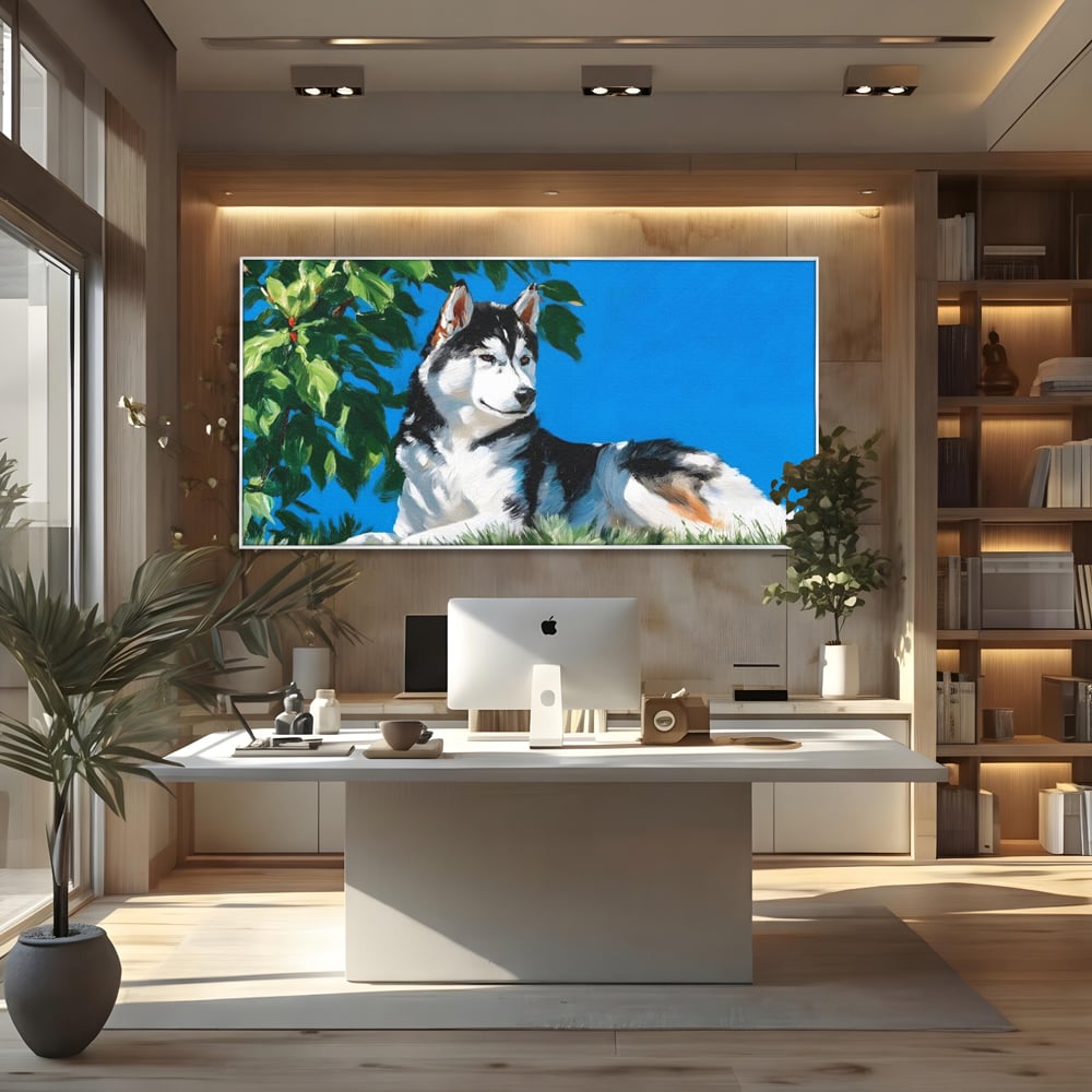 Tablou canvas cu tablou canvas cu husky sub copac, in rama de aluminiu argintiu, pe perete intr-un birou