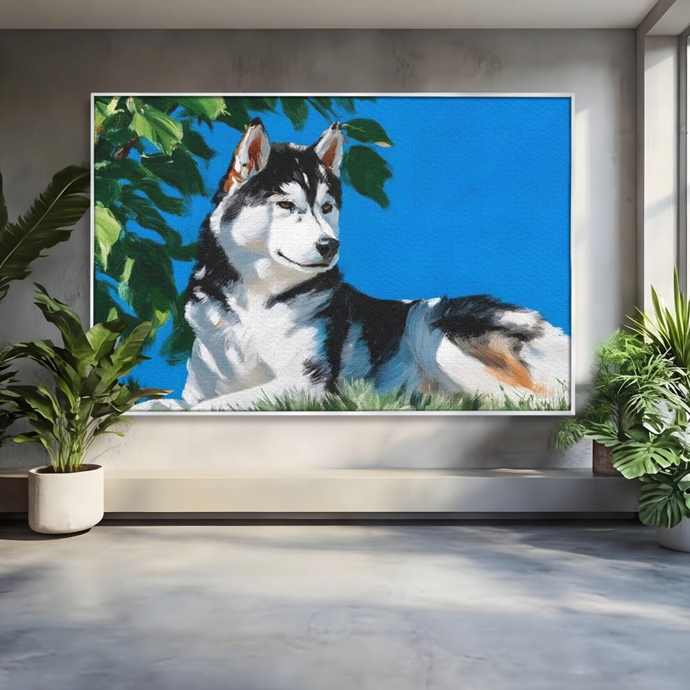 Tablou canvas cu tablou canvas cu husky sub copac, in rama de aluminiu argintiu