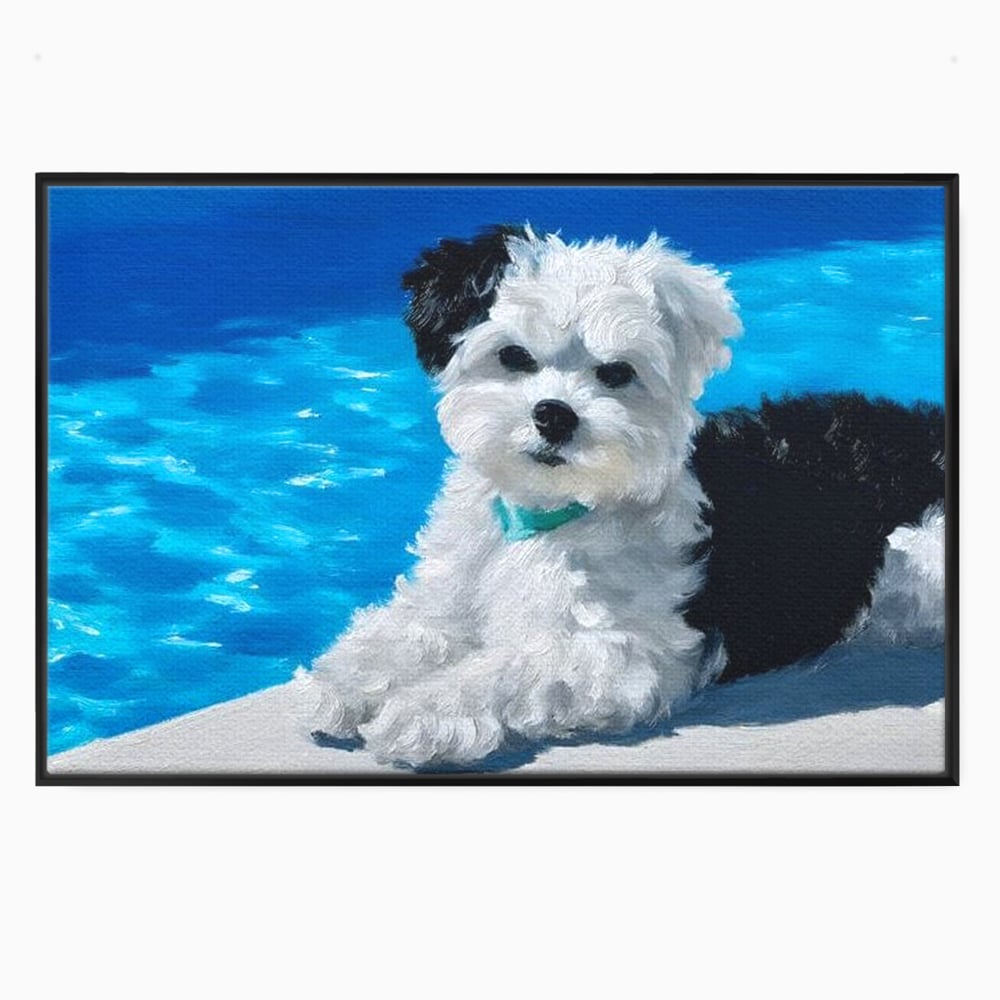 Tablou canvas cu pictura cu catel pufos langa piscina, in rama de aluminiu negru