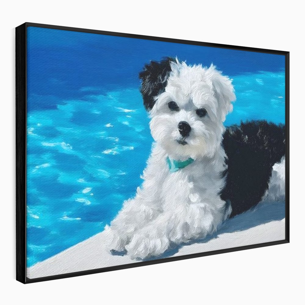 Tablou canvas cu pictura cu catel pufos langa piscina, in rama de aluminiu negru