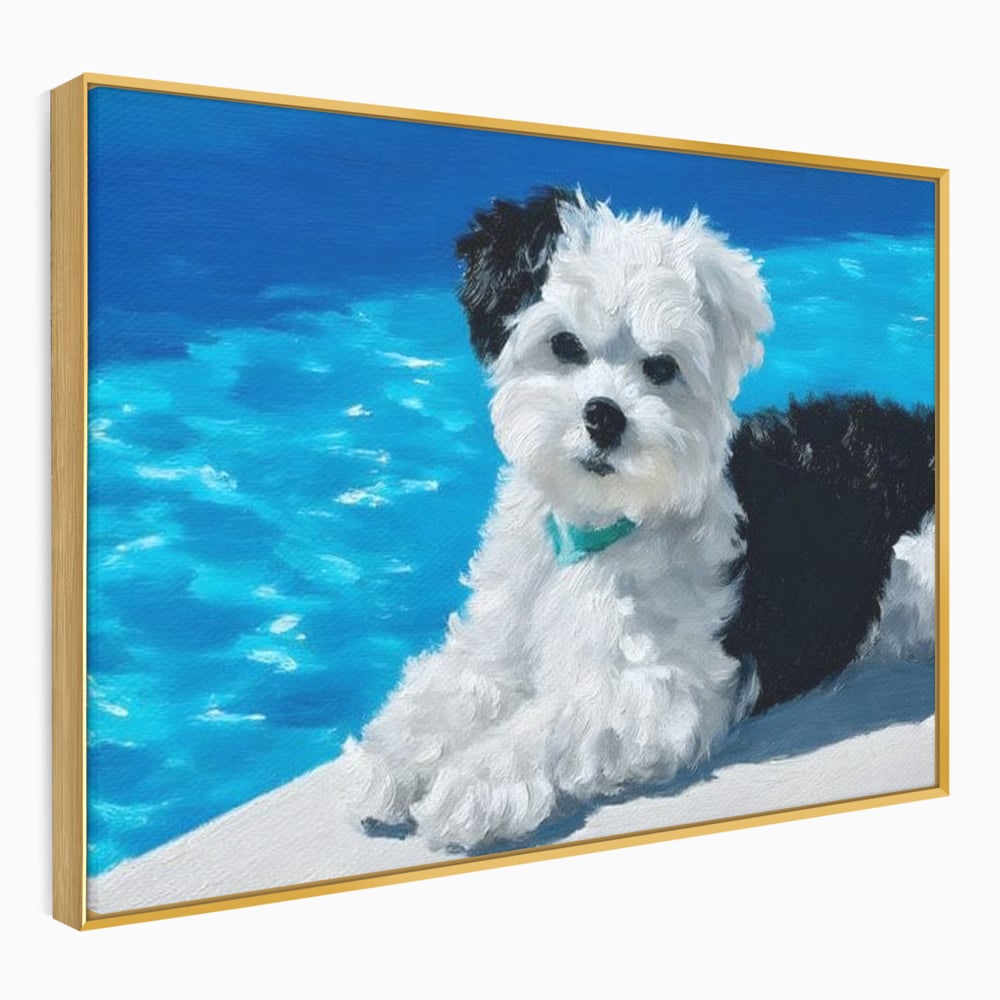Tablou canvas cu pictura cu catel pufos langa piscina, in rama de aluminiu auriu