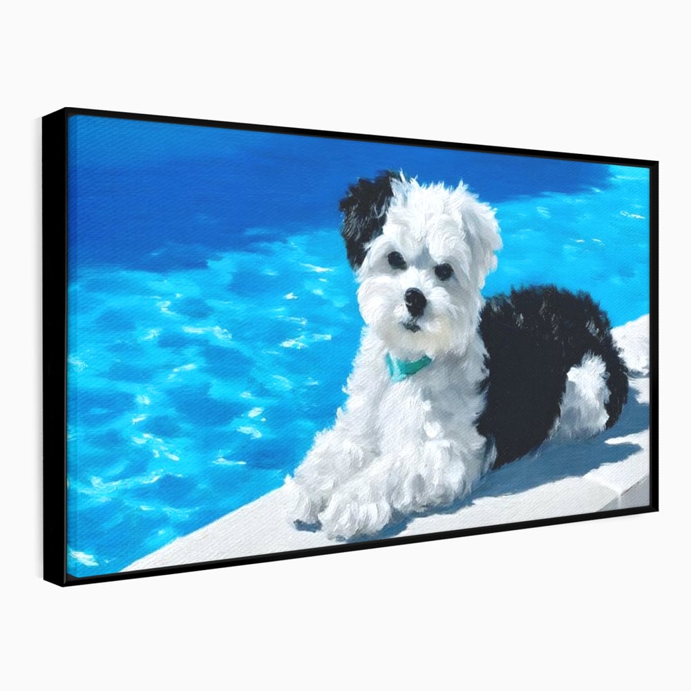 Tablou canvas cu pictura cu catel pufos langa piscina, in rama de aluminiu negru