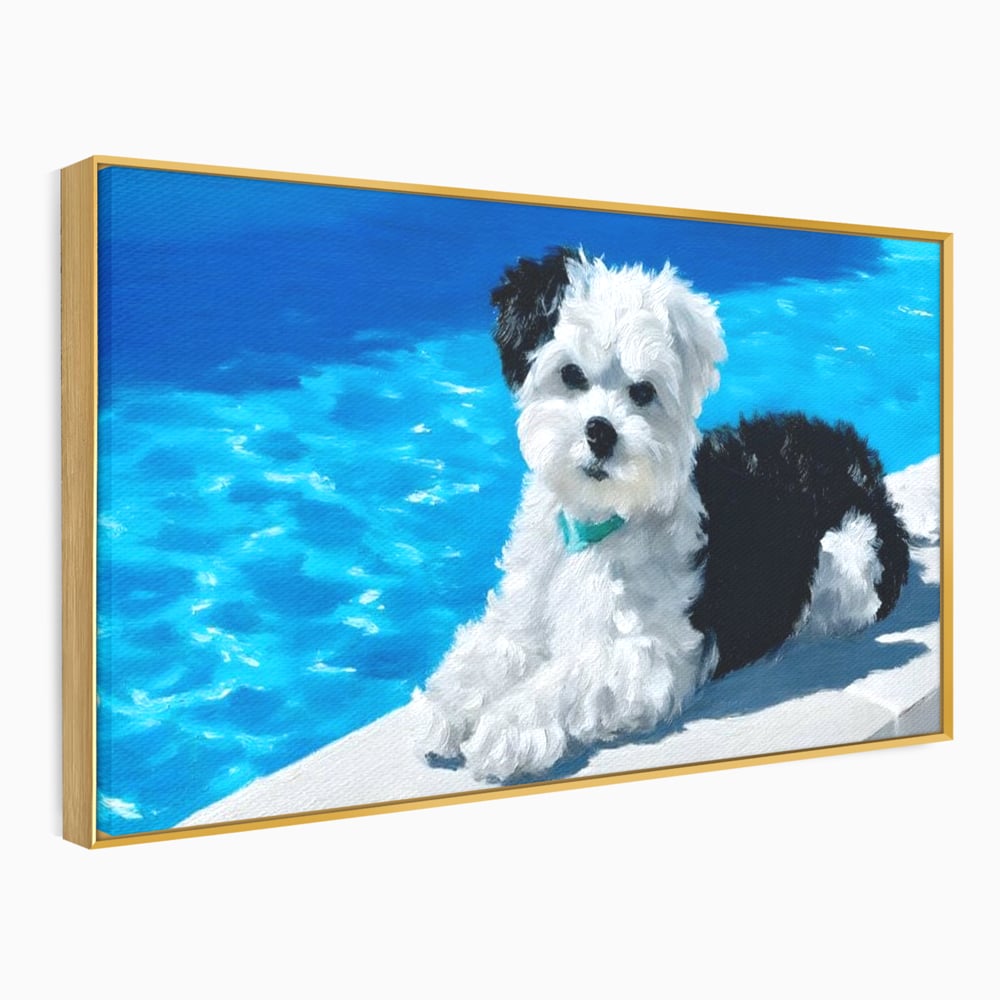 Tablou canvas cu pictura cu catel pufos langa piscina, in rama de aluminiu auriu