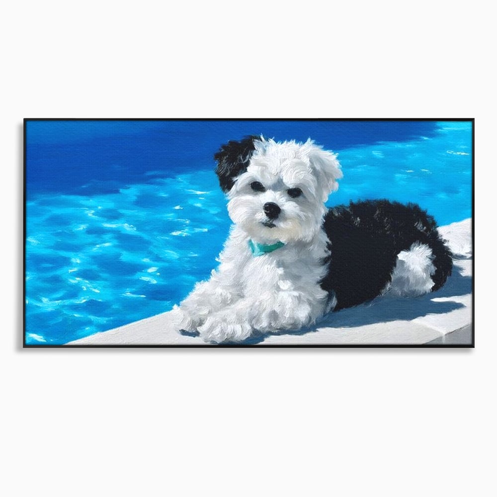 Tablou canvas cu pictura cu catel pufos langa piscina, in rama de aluminiu negru
