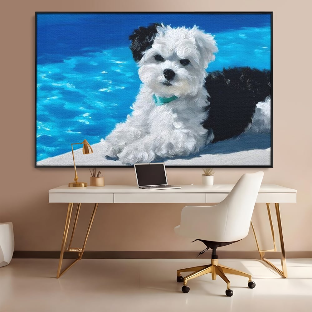 Tablou canvas cu pictura cu catel pufos langa piscina, in rama de aluminiu negru, pe perete intr-un birou