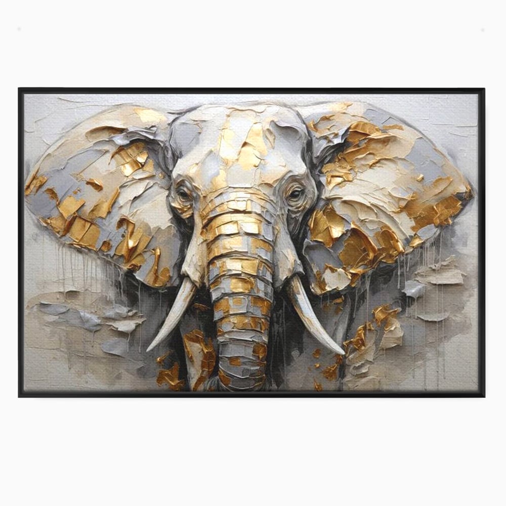 Tablou canvas cu tablou canvas cu cap de elefant in relief si insertii aurii, in rama de aluminiu negru
