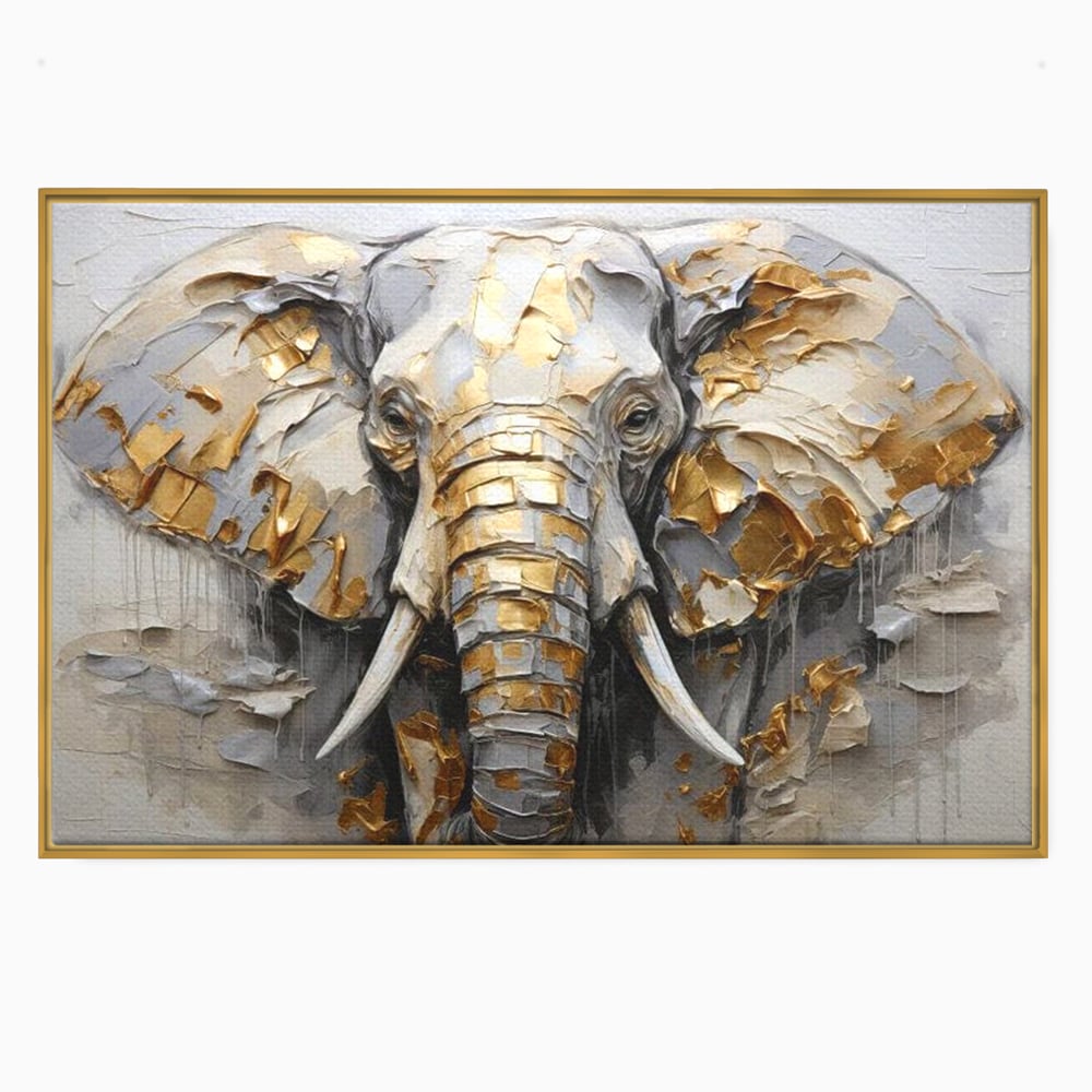 Tablou canvas cu tablou canvas cu cap de elefant in relief si insertii aurii, in rama de aluminiu auriu