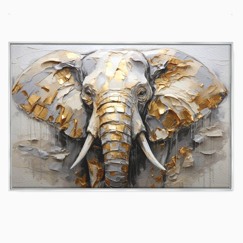 Tablou canvas cu tablou canvas cu cap de elefant in relief si insertii aurii, in rama de aluminiu argintiu