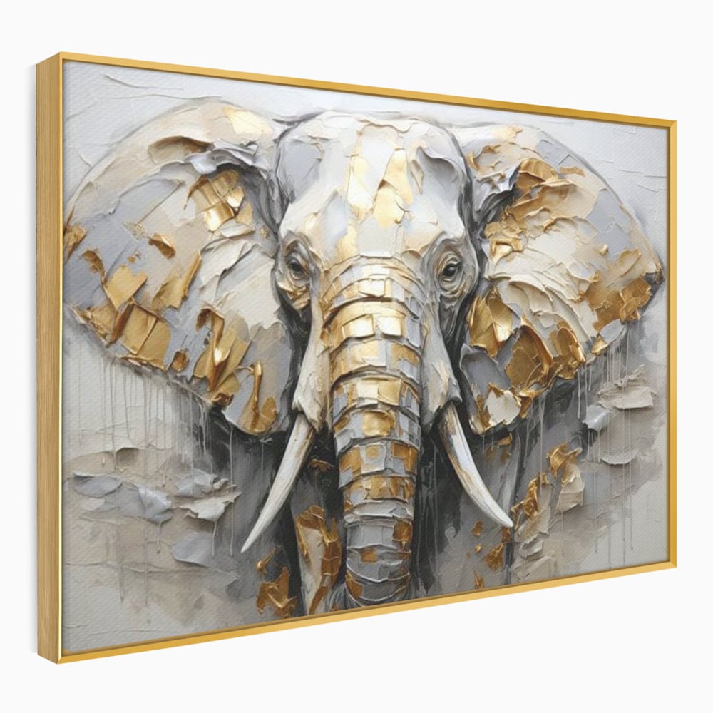 Tablou canvas cu tablou canvas cu cap de elefant in relief si insertii aurii, in rama de aluminiu auriu